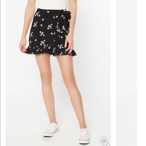 Black Floral Print Lettuce Hem Wrap Skirt
